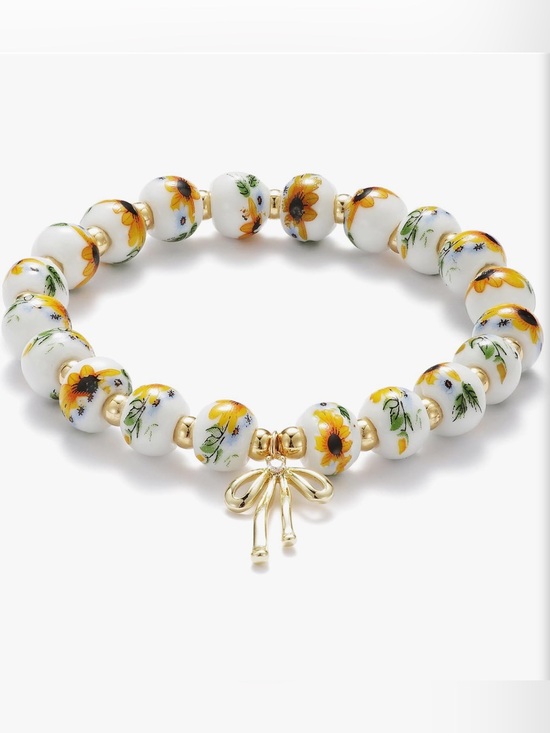 Jewelry - ❤️ Handmade Sunflower Bead Stretch Bracelet 18K Gold Plated White Yellow Bow